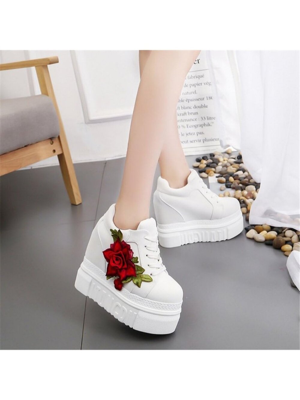 Women's White Canvas Fabric Rubber Sole High Wedge Heel Brides Wedding Shoes - Picture 4 of 5